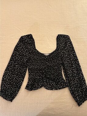 Hollister Black Floral Smocked Peasant Top